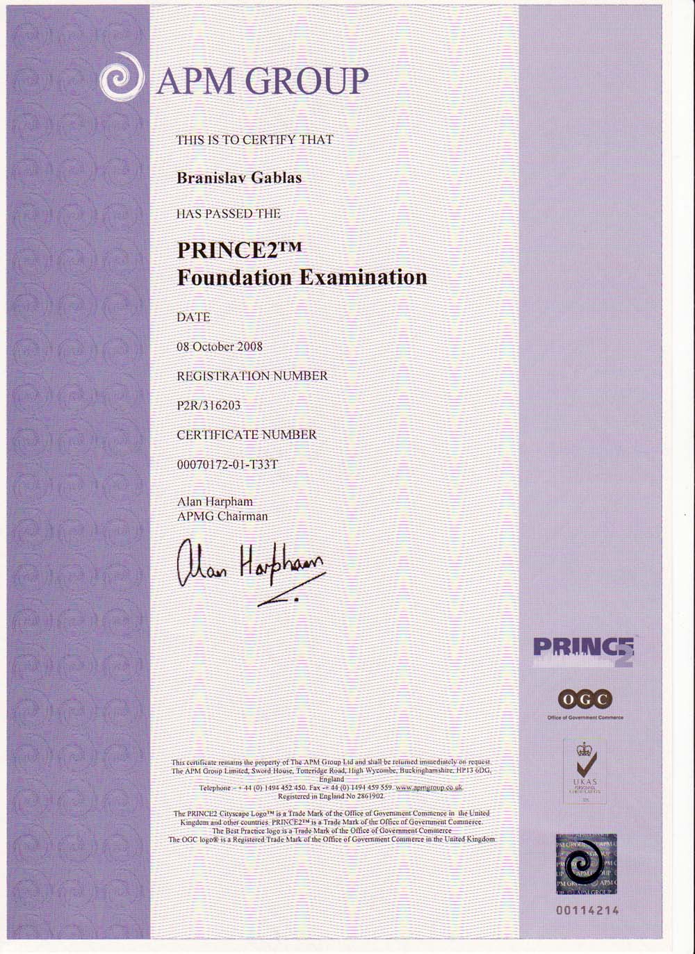 PRINCE2 Foundation certifikát - certficate Branislav Gablas