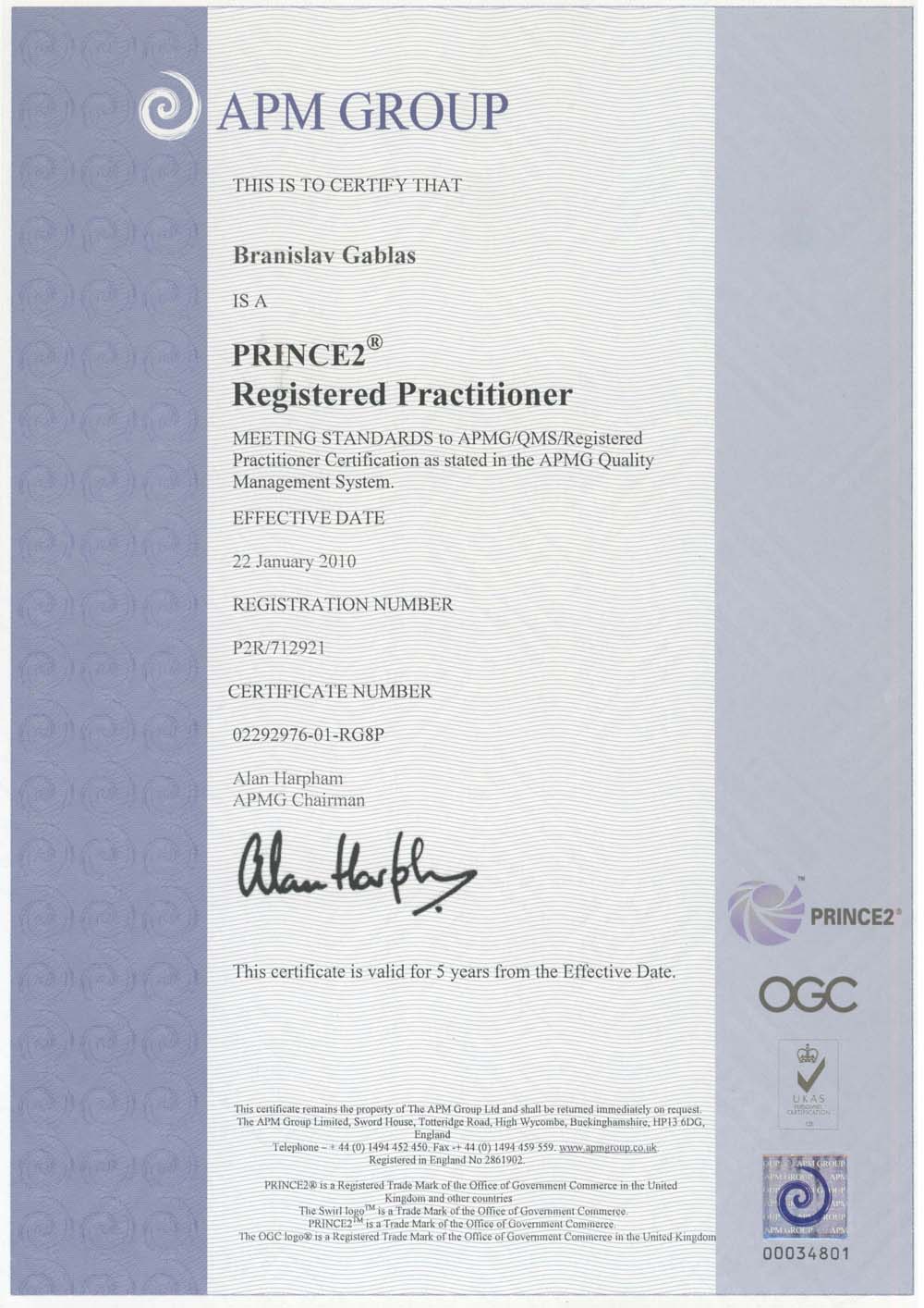 PRINCE2 Practitioner certifikát - certificate Branislav gablas