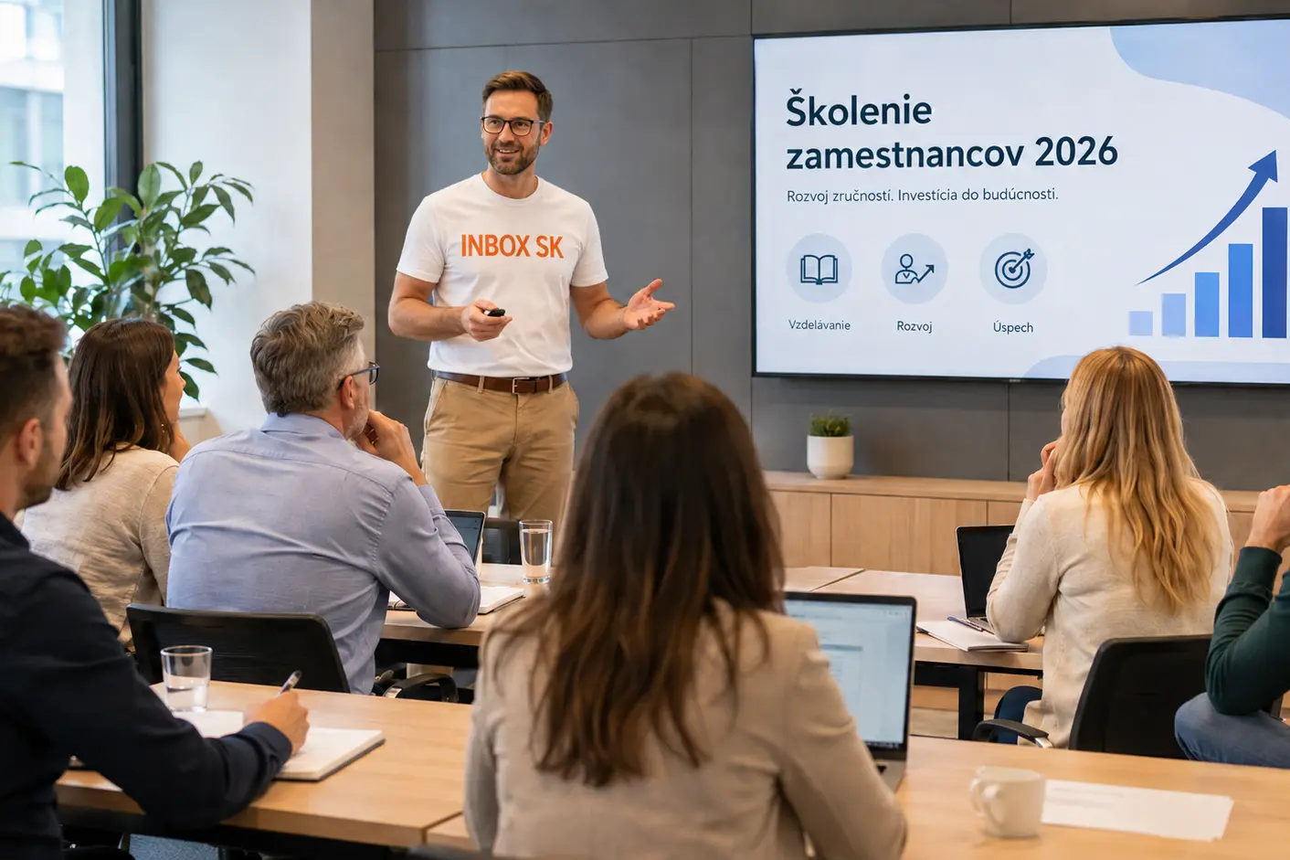 Školiteľ INBOX SK vedie vzdelávanie zamestnancov v modernej firemnej školiacej miestnosti.